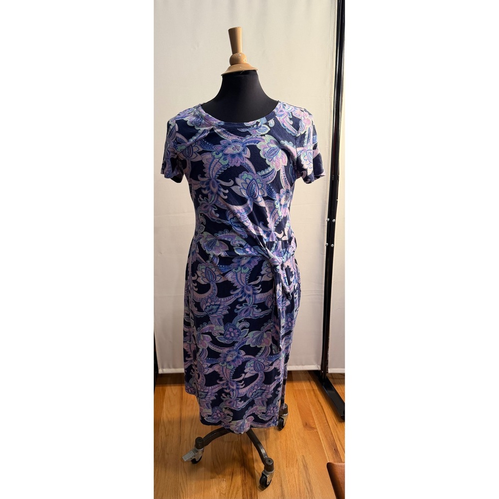 Talbots Blue Purple Paisley Cotton Side Tie Midi Dress Womens Size L Short Slv
